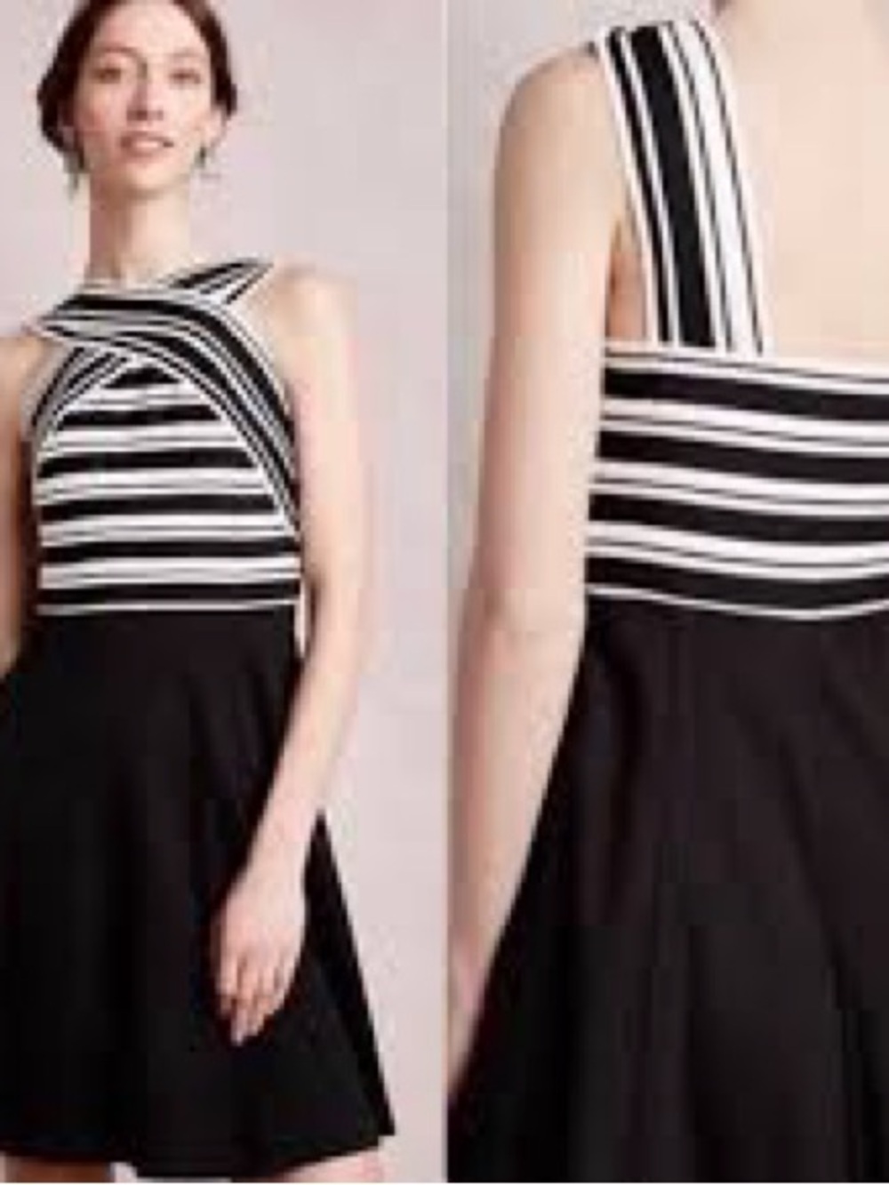 Anthropologie Black and White Striped Halter Skater Dress